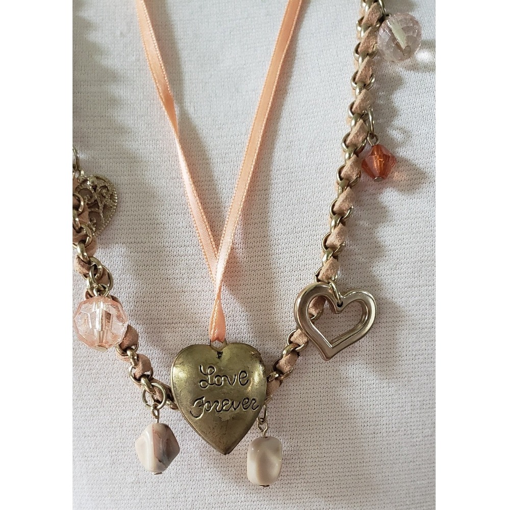 Aldo Heart Locket Necklace Peach Ribbon Layered Charm Womens